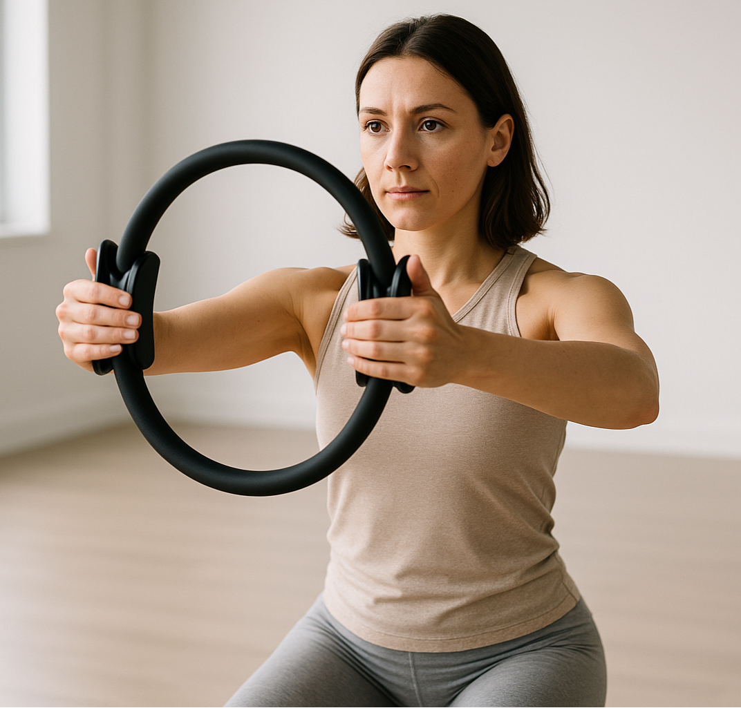 femme qui utilise un anneau de pilates noir
